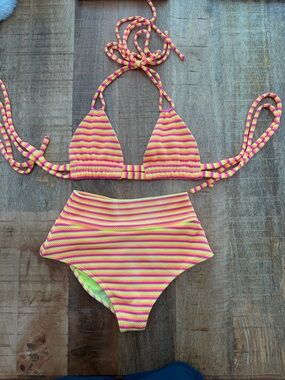 Montce Neon Stripe Triangle Bikini Set in Pink & Yellow